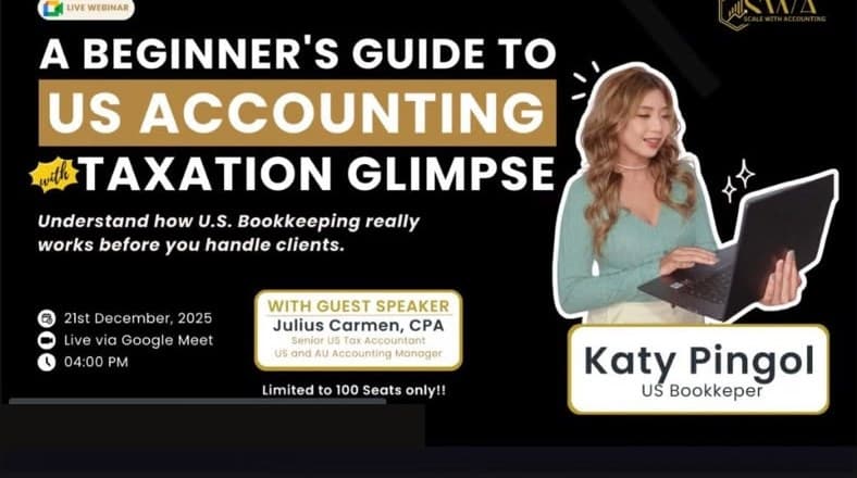 Webinar slide for the free live session A Beginner's Guide to US Accounting: Taxation Glimpse