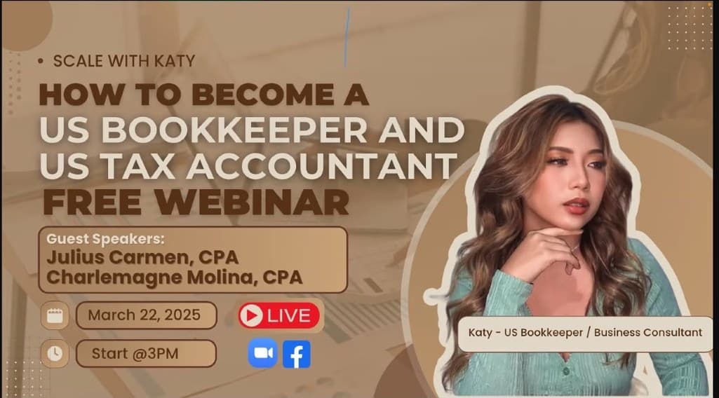 Webinar slide for the free live session How to Become a US Bookkeeper and US Tax Accountant